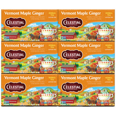 Celestial Seasonings Vermont Maple Ginger tea box closeup; caffeine-free comfort for cozy evenings