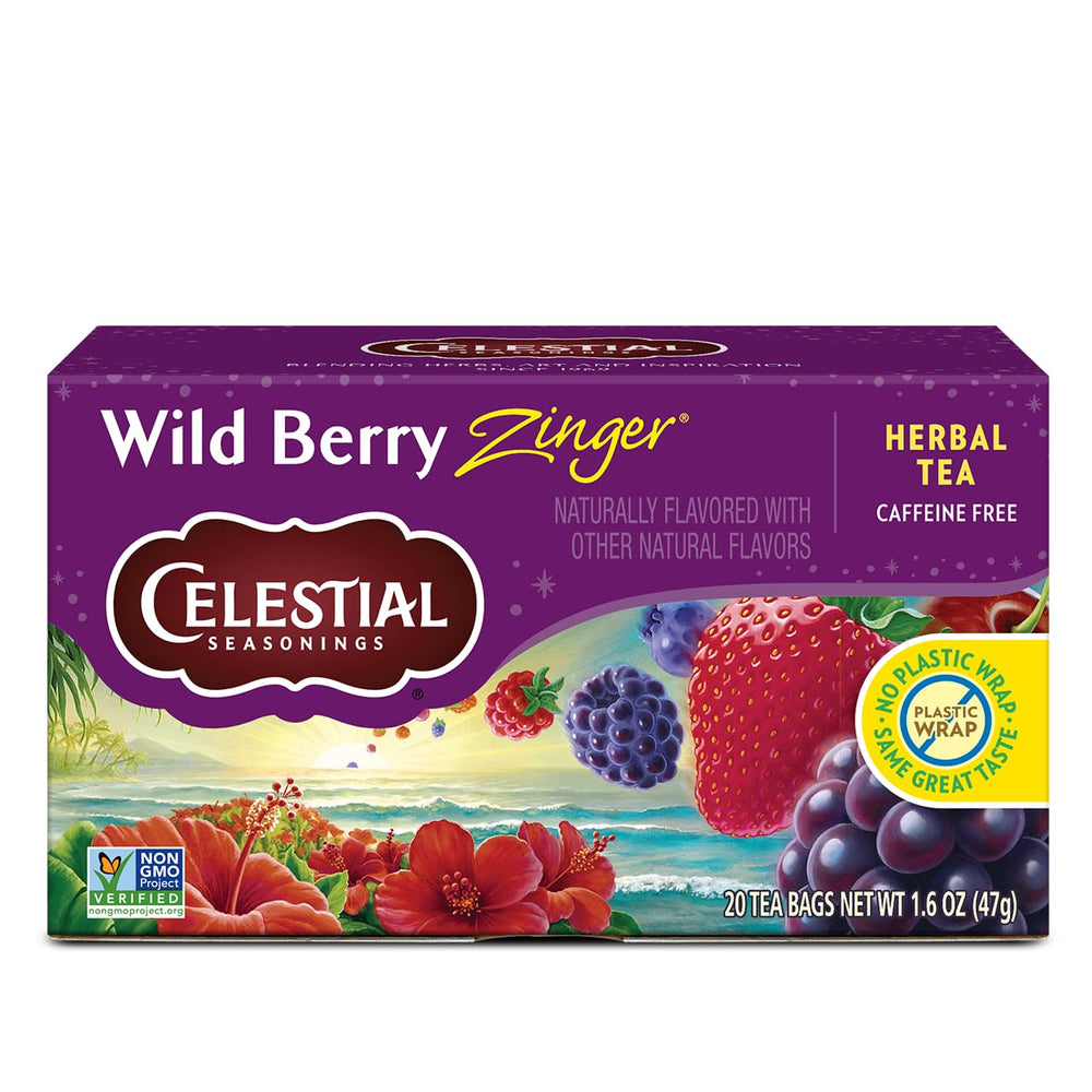 Celestial Seasonings Wild Berry Zinger tea cup steeping for a soothing caffeine-free moment