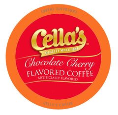 Cellas chocolate cherry coffee pods ready for Keurig brewers, delivering a smooth medium roast.