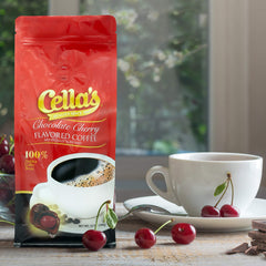 Cella's chocolate cherry bag closeup emphasizes rich roast notes for a cozy morning.