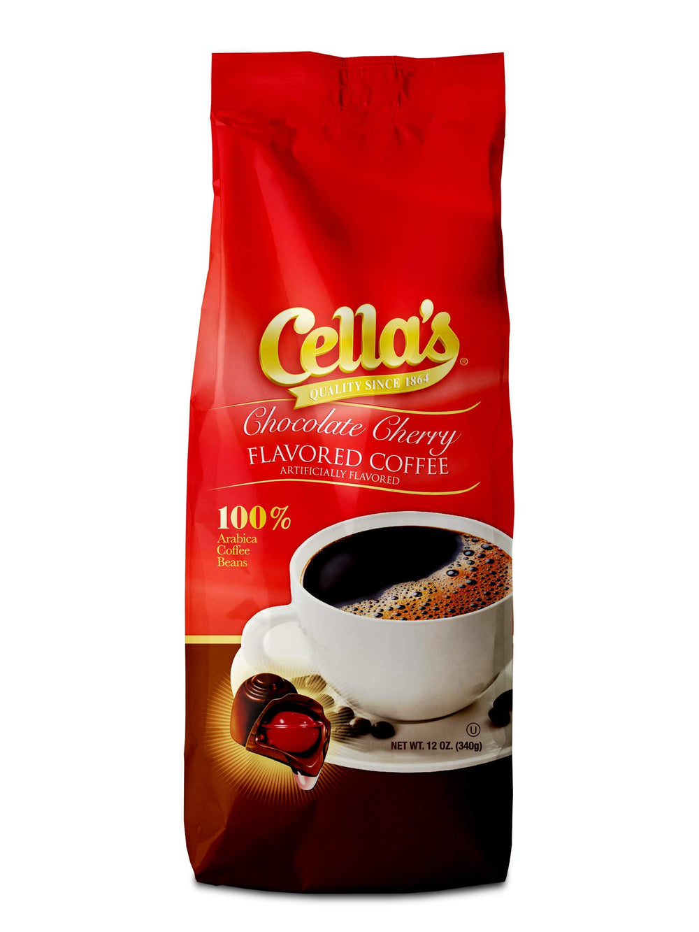 Cella's Chocolate Cherry packshot highlights premium arabica beans and a festive aroma.