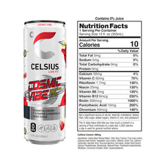 Celsius Cosmic Vibe bottle closeup showcasing ingredients and vibrant design