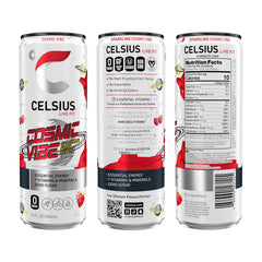 Celsius Cosmic Vibe flavor palette image with strawberry lemon orange blueberry notes