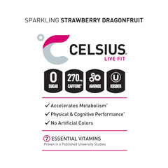 CELSIUS ESSENTIALS Sparkling Dragonberry no-sugar label emphasizing a sugar-free energy option.