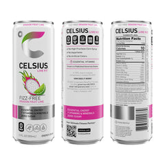 Celsius Fizz Free Dragon Fruit Lime label close-up emphasizes premium ingredients.