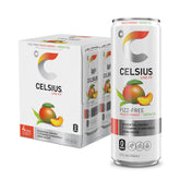 CELSIUS Fizz Free Peach Mango Green Tea can on display, offering energy for workouts.