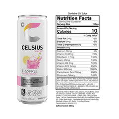 CELSIUS Fizz Free Pink Lemonade label design emphasizes clean nutrition.