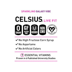 Celsius Galaxy Vibe carbonation and color burst signal a vibrant pick-me-up during workouts.