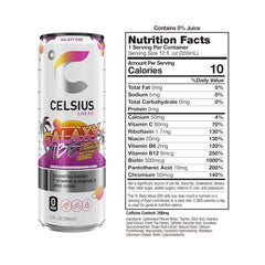 Celsius Galaxy Vibe label graphic highlights sugar-free, vegan energy choice.