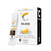 Celsius On-the-Go orange powder packet close-up for convenient energy on the move
