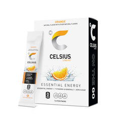 Celsius On-the-Go orange powder packet close-up for convenient energy on the move