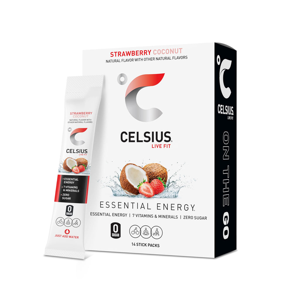 CELSIUS On-the-Go strawberry coconut powder-stick packaging ready for travel and energy.