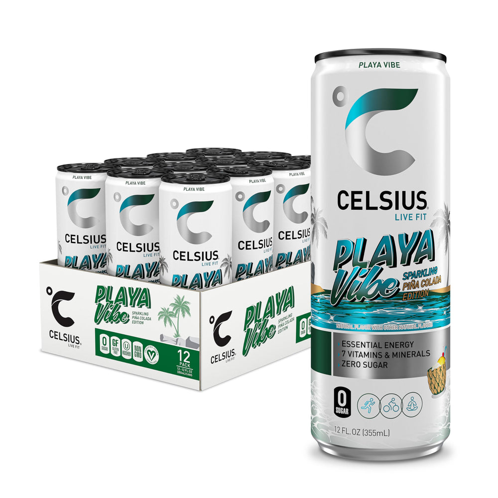 Celsius Playa Vibe bottle pouring Sparkling Piña Colada for a refreshing energy lift.