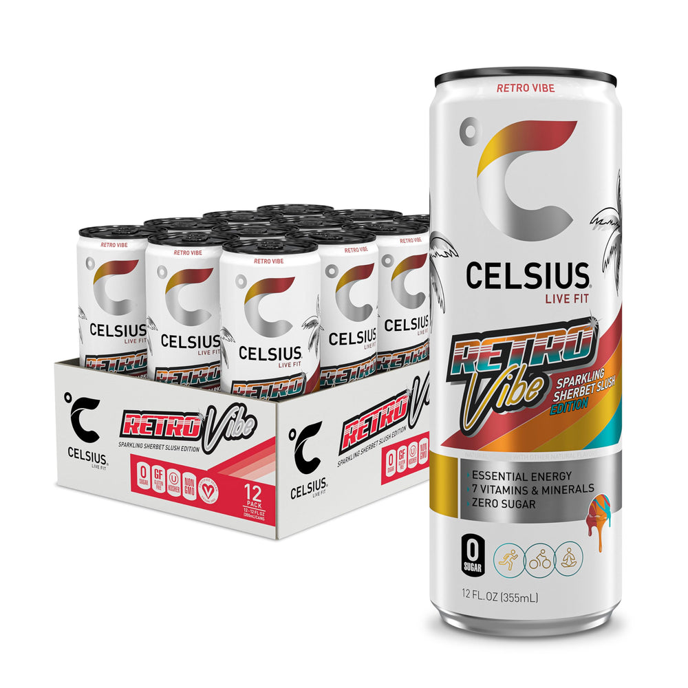 CELSIUS Retro Vibe Sparkling Sherbet Slush can fuels workouts.