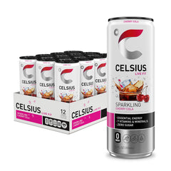 CELSIUS Sparkling Cherry Cola can displaying zero sugar and crisp flavor for everyday energy.