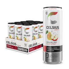 CELSIUS Sparkling Fuji Apple Pear can with label ready for a refreshing energy boost.