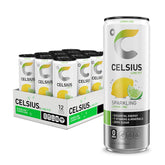 Celsius Lemon Lime can on a white background, crisp energy without sugar