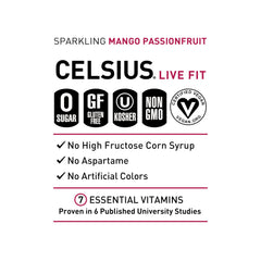 Nutrition label on CELSIUS Mango Passionfruit shows zero sugar and vitamins.
