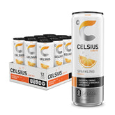 CELSIUS Sparkling Orange can front view showing crisp flavor and energy vibe