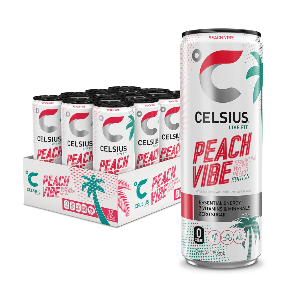 CELSIUS Sparkling Peach Vibe can front view highlighting zero sugar and seven vitamins