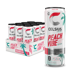 CELSIUS Sparkling Peach Vibe can front view highlighting zero sugar and seven vitamins