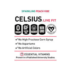 CELSIUS Sparkling Peach Vibe ingredients label featuring MetaPlus blend and key vitamins