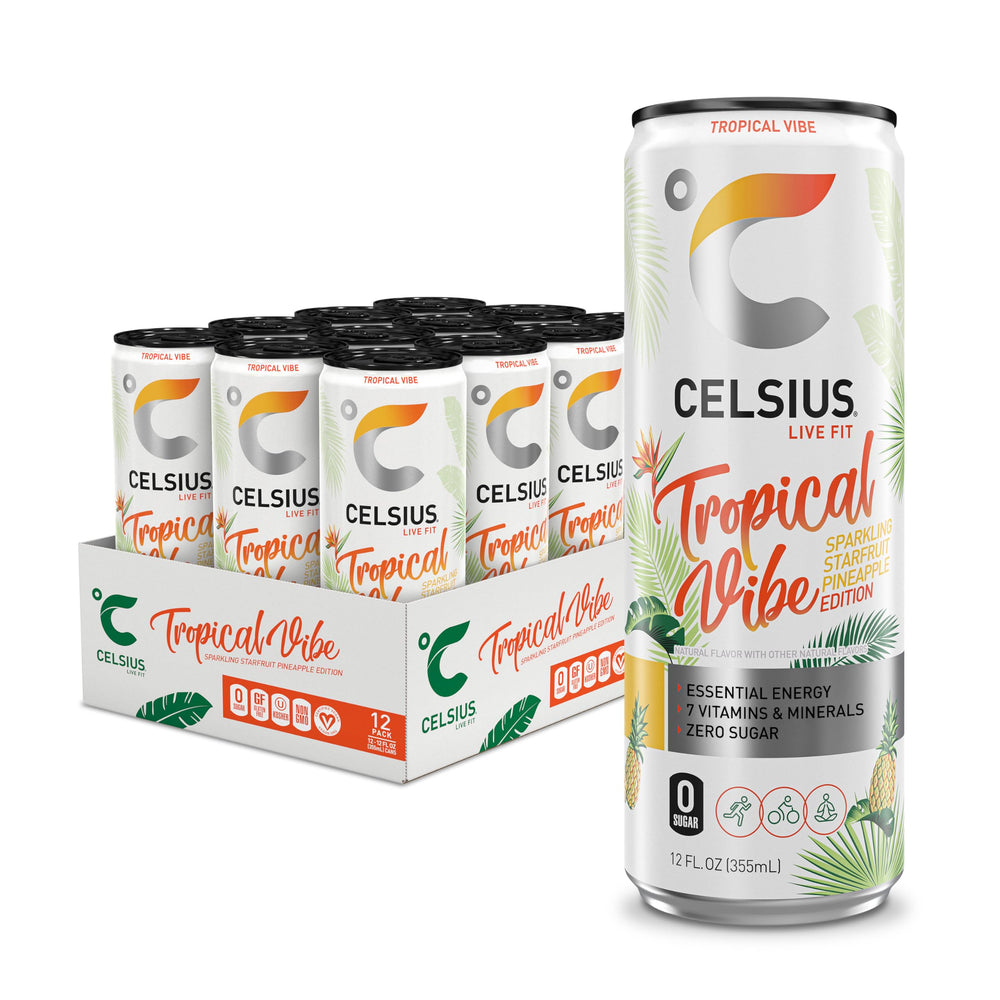 Celsius Sparkling Tropical Vibe front view can showing vibrant tropical flavor and energy appeal