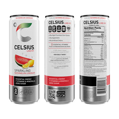 Celsius label close-up highlights seven essential vitamins and sugar-free formula
