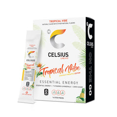 CELSIUS Tropical Vibe OTG powder stick on-pack for convenient energy.