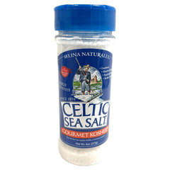 Celtic Sea Salt Gourmet Kosher Salt shaker with semi-coarse crystals for versatile cooking and finishing.