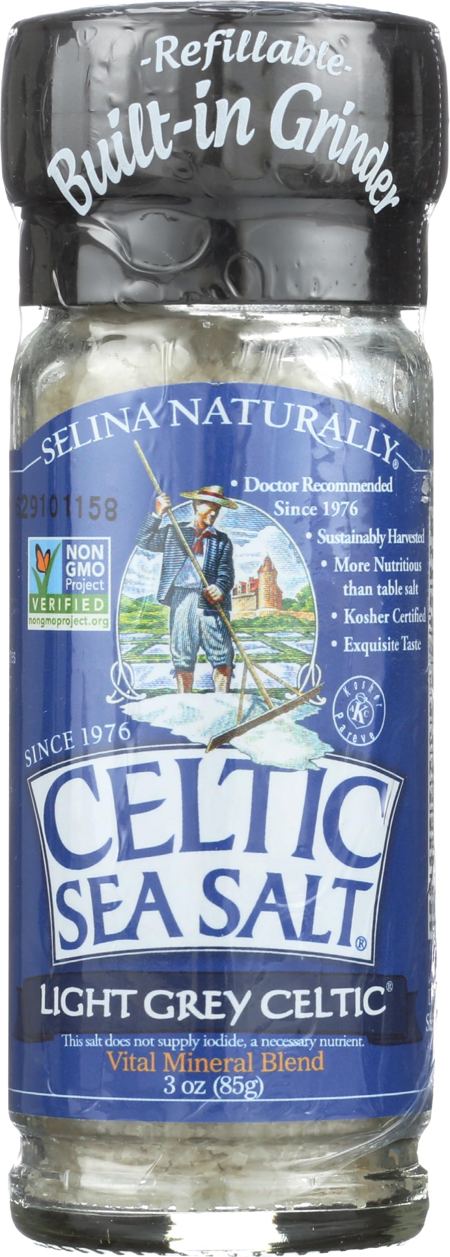 Celtic Sea Salt Light Grey Grinder jar shows coarse crystals for quick seasoning.