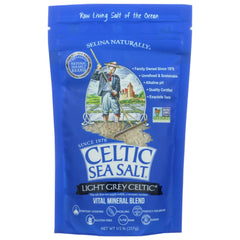 Celtic Sea Salt Light Grey Pouch 8oz close-up for finishing dishes