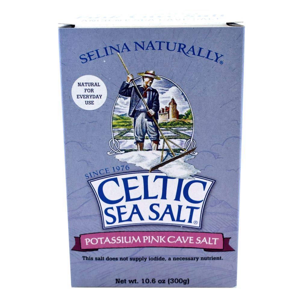 Celtic Sea Salt Pink Potassium Cave Salt jar front view for easy shaker seasoning.
