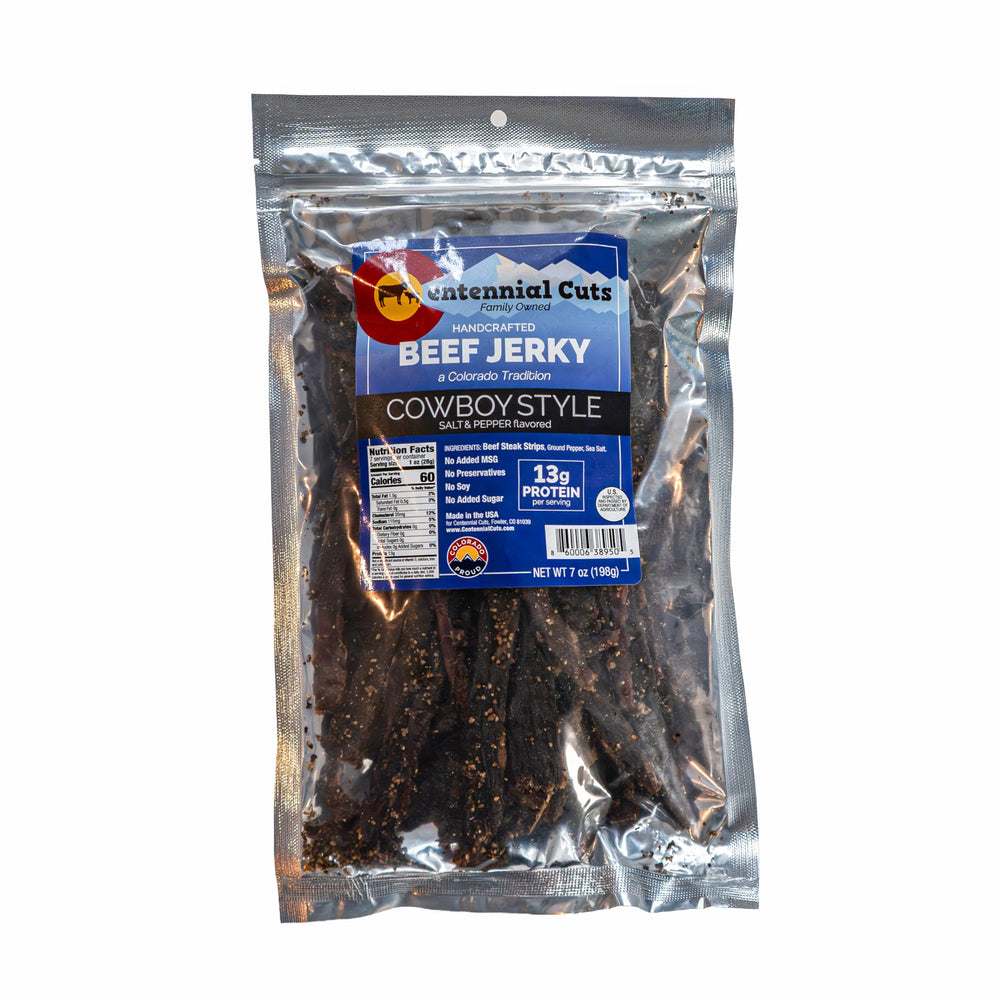 Centennial Cuts Beef Jerky Cowboy Style pack front view, ideal on-the-go protein snack
