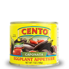 Cento Caponata eggplant appetizer can on the table, ready for quick antipasto.