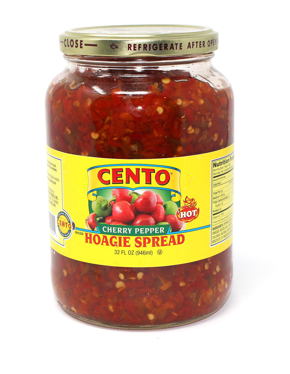 Cento Diced Hot Cherry Pepper Hoagie Spread jar with vibrant peppers and tangy texture.