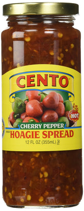 Cento Diced Hot Cherry Pepper spread jar shows bold peppers for zesty subs.