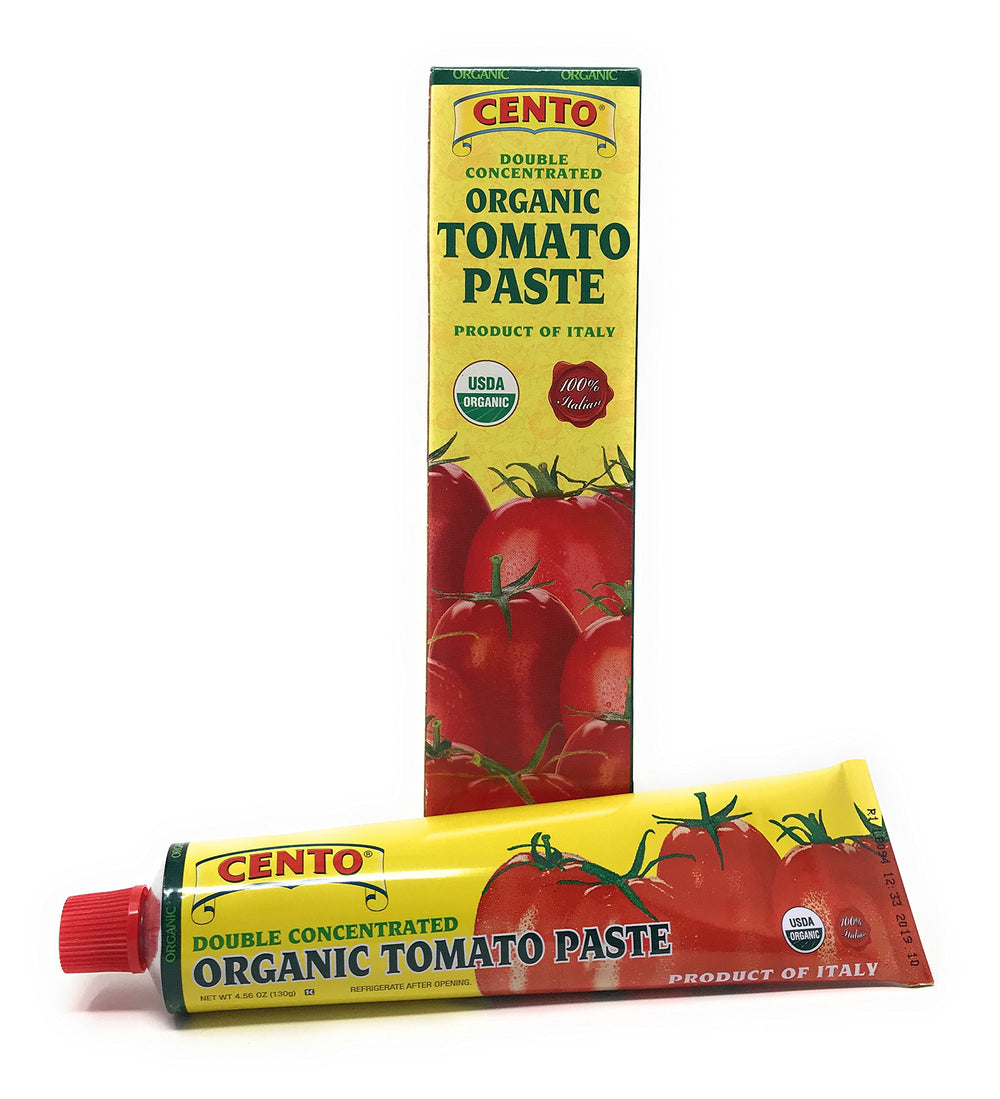 Cento double concentrated organic tomato paste tube front view for rich sauce base.