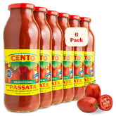 Cento Passata jar label close-up showing authentic Italian tomatoes and natural ingredients.