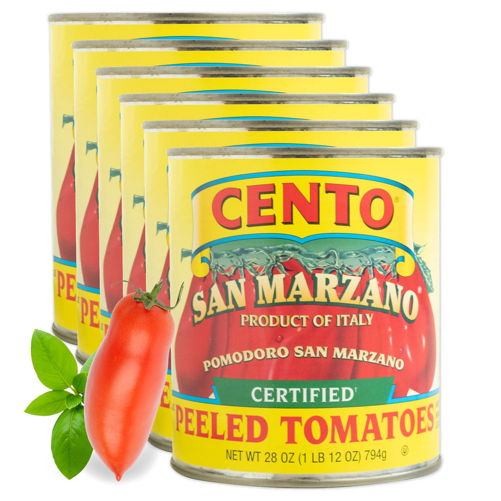 Cento San Marzano tomatoes six-pack on shelf for authentic Italian sauces