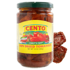 Cento sun-dried tomatoes in oil and spices on a platter for antipasto flavor