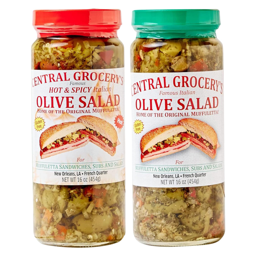 Central Grocery Hot Olive Salad jar enhances muffuletta sandwiches with bold flavor.