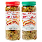 Central Grocery Hot Olive Salad jar enhances muffuletta sandwiches with bold flavor.