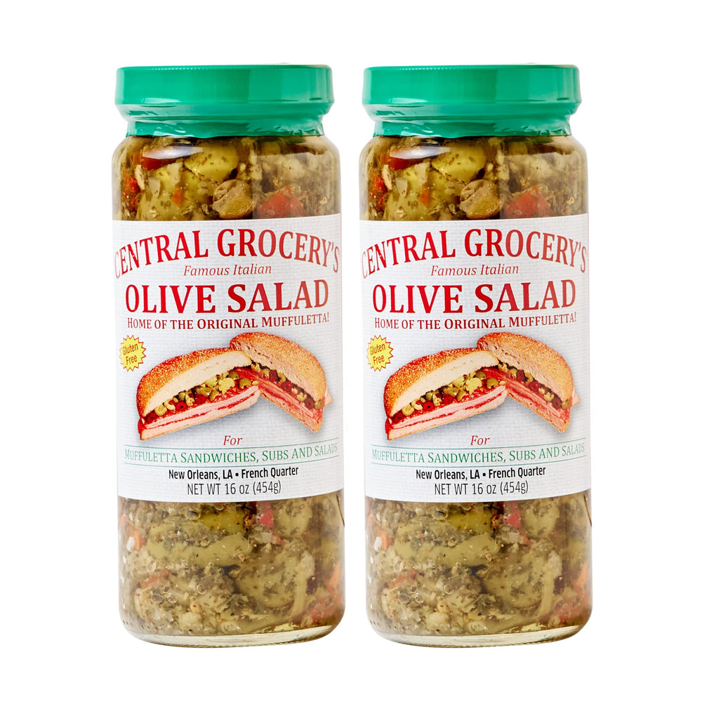 Central Grocery Olive Salad jar close-up, ideal for classic muffuletta sandwiches.