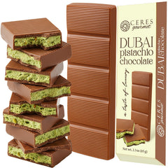 Ceres Gourmet Dubai Chocolate Bar packshot showcases milky chocolate with kunafa crunch, ideal for gifting.