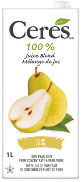 Ceres pear juice bottle highlighting 100% natural ingredients and no additives