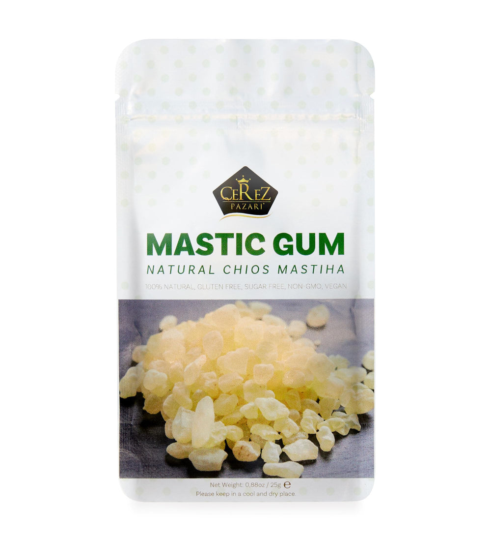 Çerez Pazarı mastic gum packaging in a resealable 25g bag highlighting freshness