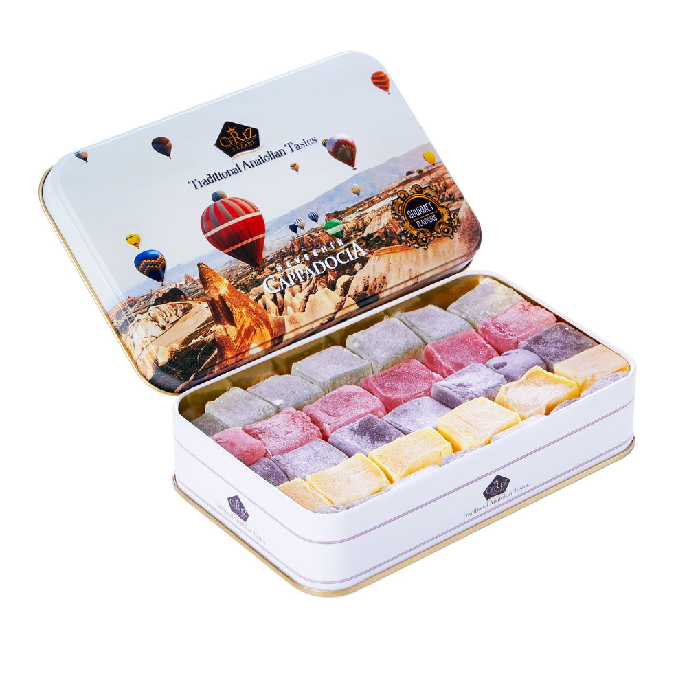 Çerez Pazarı Turkish Delight Gift Box in an embossed tin, ideal for elegant gifting.