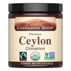 Ceylon Cinnamon Shop Organic Cinnamon Powder in an 8 oz jar for easy measuring and aroma.