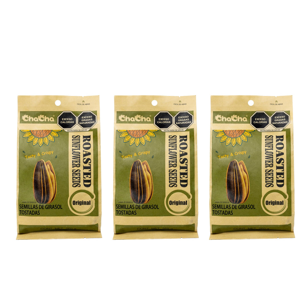 ChaCha natural roasted sunflower seeds three-pack front view for pantry-ready snacking.